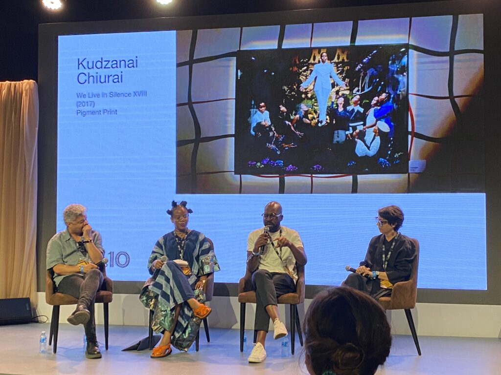 One of the panel discussions on talks programme at Art X Lagos, which featured as part of the broader Lagos Art Week. The panel discussion explored how realities within African and Afro-Caribbean contexts are shaped not only by where we live but by how we think, perceive, and imagine. It featured three panelists (Edson Chagas, Kudzanai Chiurai and Nicène Kossentini) and their moderator Jumoke Sanwo.